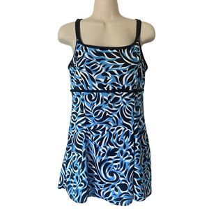 Great Lengths Womens Size 10 One Piece Swimsuit Swimdress Blue Multicolor Print